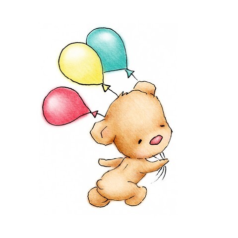 Baby Bear running with three colorfull balloons